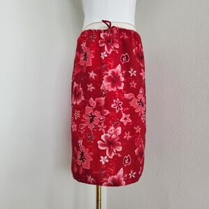 Vintage Y2K Red Pink Hibiscus Floral Drawstring Midi Skirt Coconut Girl Spring S